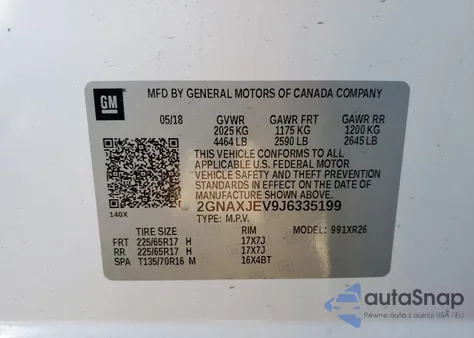 2018 Chevrolet Equinox Lt z USA, uszkodzony, nr VIN 2GNAXJEV9J6335199